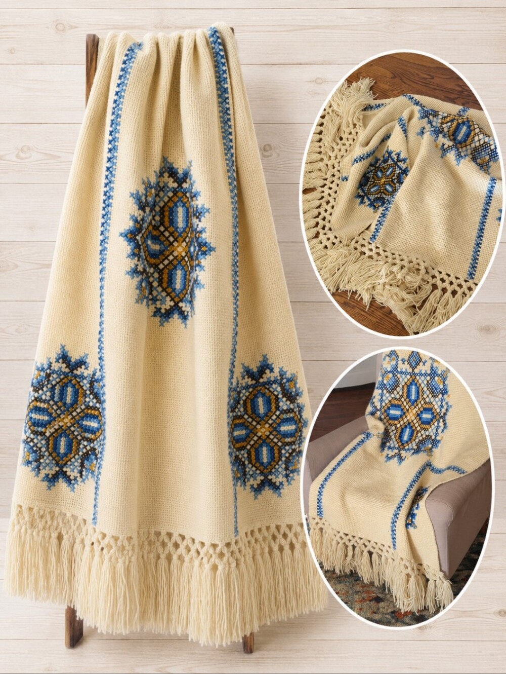 Hand Knit Cozy Fringed Cream and Blue cozy Throw With Cross Stitching